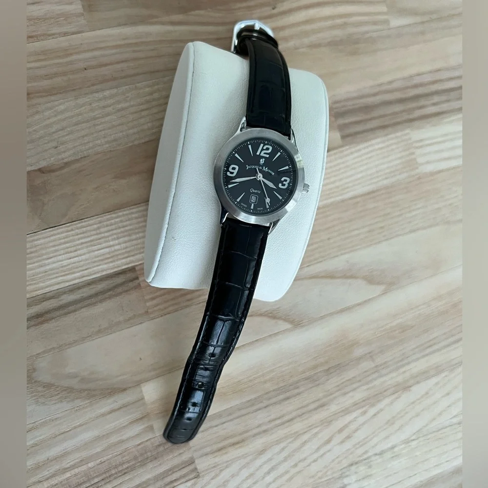 Jacques Du Manoir Ladies Watch Rare Black Leather Strap Date Window Quartz